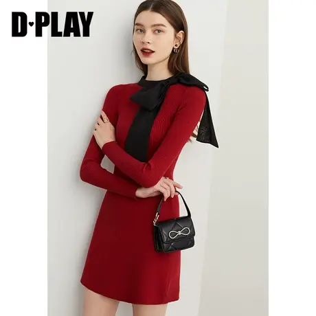 DPLAY秋高品质包芯纱法式红拼黑撞色立体蝴蝶结针织连衣裙图片