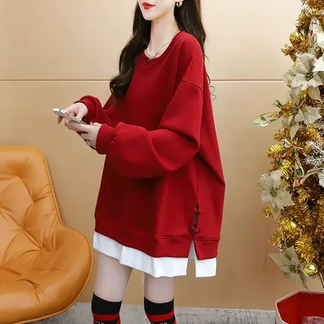网红设计感拼接卫衣女2023新款秋冬慵懒风宽松假两件加绒加厚上衣图片