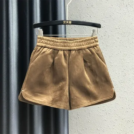 洋气百搭侧边开叉阔腿裤女秋冬新款咖啡色松紧腰宽松显瘦休闲短裤商品大图