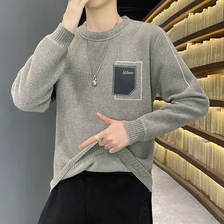 一体绒男士雪尼尔毛衣秋冬季潮牌圆领打底衫加绒加厚内搭保暖上衣商品大图