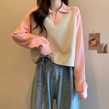 撞色插肩袖V领卫衣女春秋冬季加厚加绒宽松POLO衫短款上衣外套潮商品大图