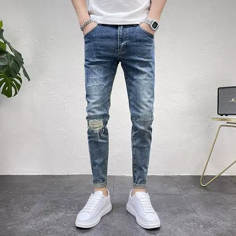 2023秋冬新款补丁破洞牛仔裤男潮修身小脚裤水洗蓝微弹铅笔裤长裤商品大图