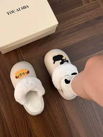 卡通热狗防水厚底棉拖鞋女2023新款踩屎感秋冬外穿防滑毛毛包头拖商品大图
