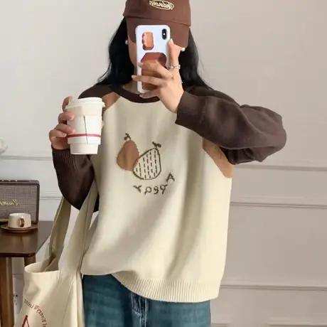 撞色插肩袖毛衣女减龄学院少女风针织衫2023新款秋冬百搭加厚打底图片