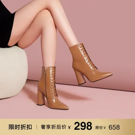 熙漫2022秋冬新款时尚牛皮高跟鞋女纯色粗跟靴子气质百搭尖头短靴图片
