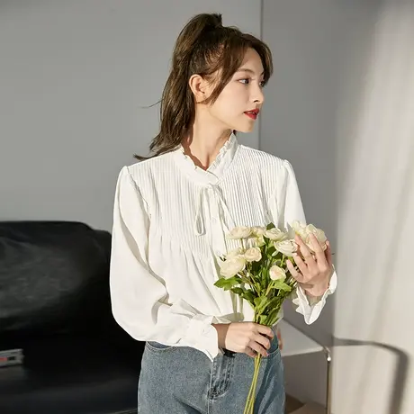 唐狮绑带立领衬衫新款春秋季女小众设计感上衣白色长袖衬衣宽松图片