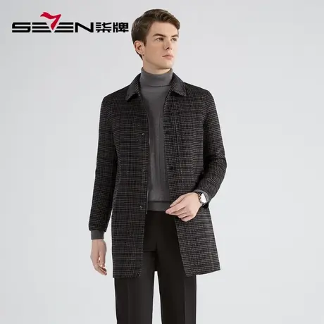 【含羊毛】柒牌毛呢大衣男商务休闲中长款翻领双面呢格子保暖外套商品大图