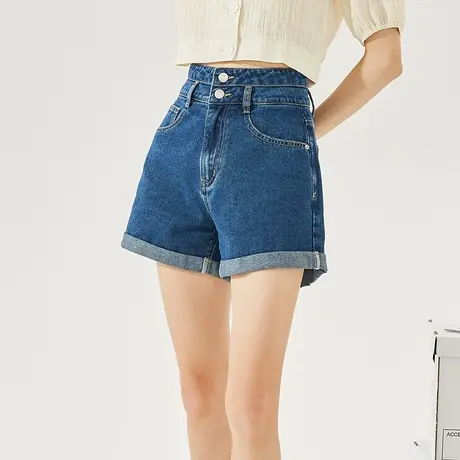 唐狮显瘦牛仔短裤夏装新款女两粒扣高腰卷边显高宽松裤子潮图片