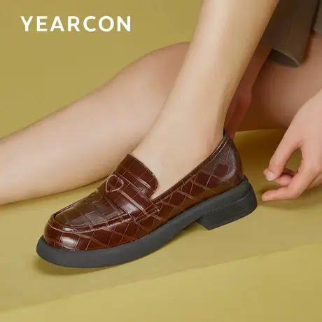 意尔康厚底乐福鞋女英伦风2024春季新款百搭一脚蹬真皮单鞋女粗跟商品大图