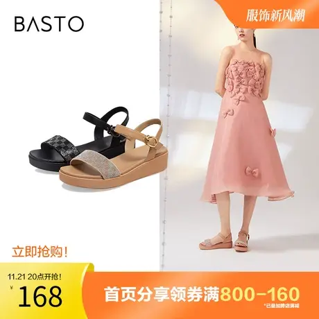 百思图奥莱夏季商场同款时尚棋盘格厚底舒适女凉鞋6Z947BL2图片