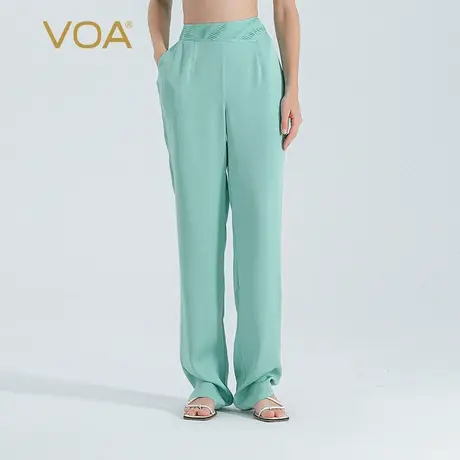 VOA芳草绿40姆米双面乔重磅桑蚕丝塔克褶自然腰侧口袋真丝直筒裤图片