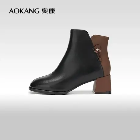 【门店发货】奥康女鞋 冬季新款真皮拼色鞋面时装靴简约百搭商品大图
