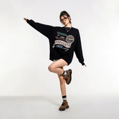 YEP美式复古圆领黑色卫衣女秋冬加绒宽松插肩袖上衣hiphop超火潮商品大图