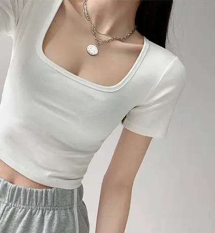 设计感小众2023新款修身纯欲辣妹短款上衣方领正肩短袖t恤女夏季商品大图