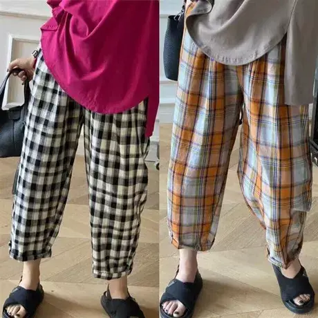 哈伦夏季时尚大格宽松遮肉透气网红九分显瘦直筒百搭休闲女裤薄款商品大图