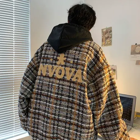 潮牌小香风外套男春秋痞帅宽松格子设计港风百搭撞色拼接休闲夹克商品大图