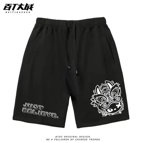 国潮短裤男醒狮印花纯棉五分裤男2025夏季沙滩裤休闲运动大码短裤商品大图
