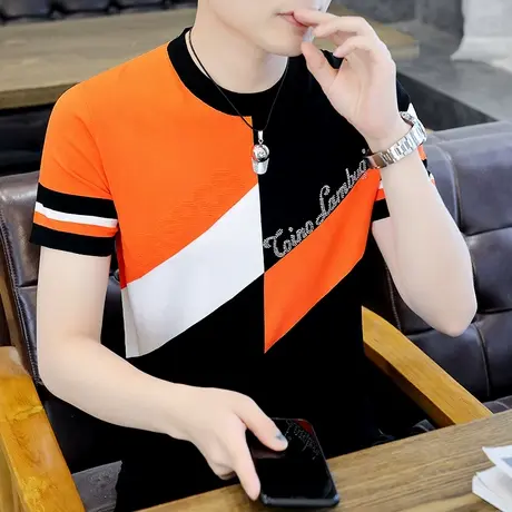 夏装潮牌烫钻短袖t恤男拼色个性薄款冰丝针织衣服ins半袖冰感体恤商品大图