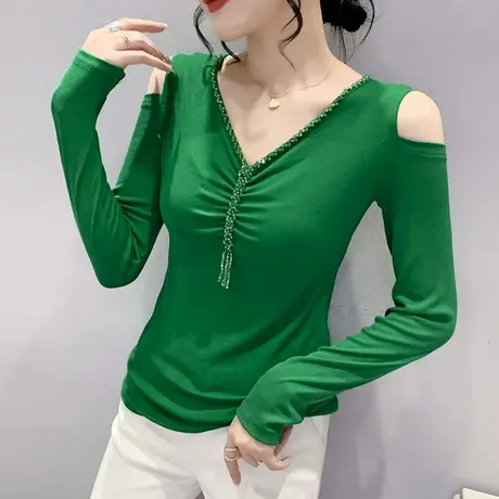 性感V领钉珠T恤女长袖时尚露肩上衣修身内搭打底衫气质网纱体恤秋图片