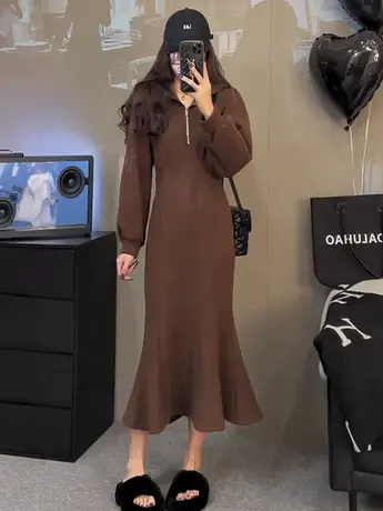 春装新款黑色大码卫衣连衣裙女收腰连帽鱼尾荷叶边裙子200斤胖mm商品大图