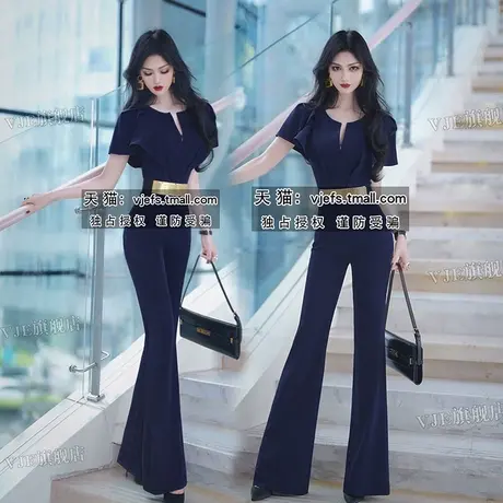 VJE夏季女神范荷叶边连体裤新款收腰显瘦干练喇叭连身长裤商品大图