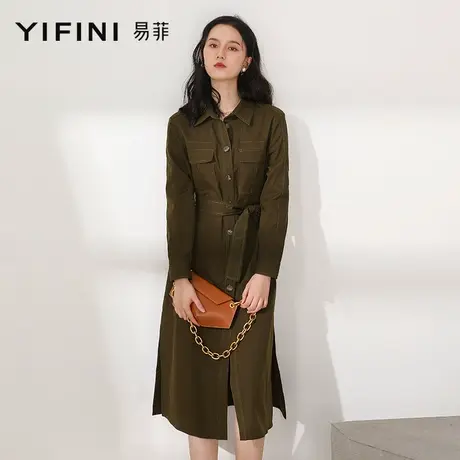 Yifini/易菲军绿色长款风衣女春秋气质过膝衬衫连衣裙外套商品大图
