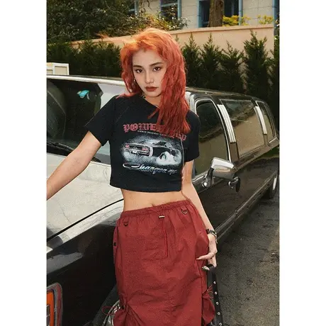 YEP美式复古正肩短袖t恤女夏季新款机能风辣妹紧身短款上衣ins潮商品大图