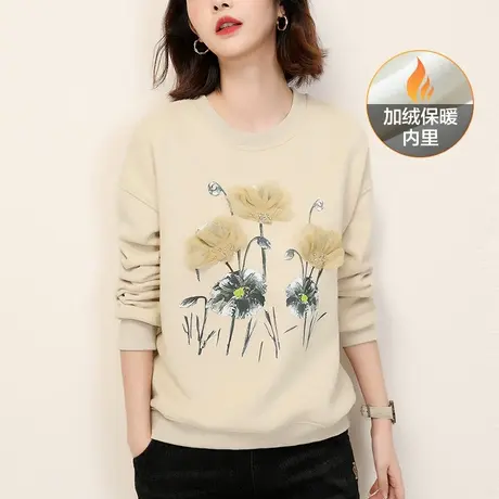 韩潮袭人圆领印花长袖加绒卫衣女2023栋新款休闲百搭套头上衣图片