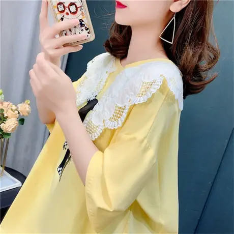 中长款设计感蕾丝拼接短袖t恤女宽松2022新款夏季慵懒风半袖上衣商品大图