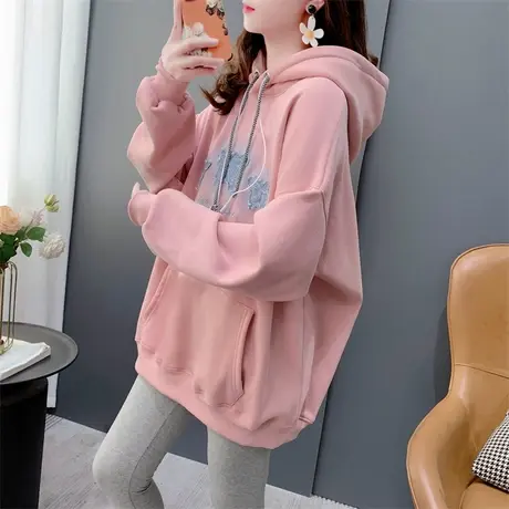 美式复古贴布加绒加厚连帽卫衣女中长款秋冬新款韩版宽松外套上衣商品大图