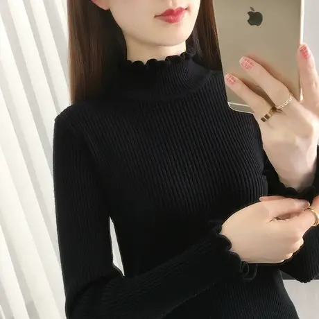黑色打底衫女新款秋冬中领内搭针织衫上衣修身紧身短款半高领毛衣商品大图