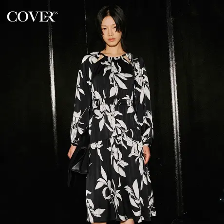 COVER秋季绒质感印花收腰连衣裙图片