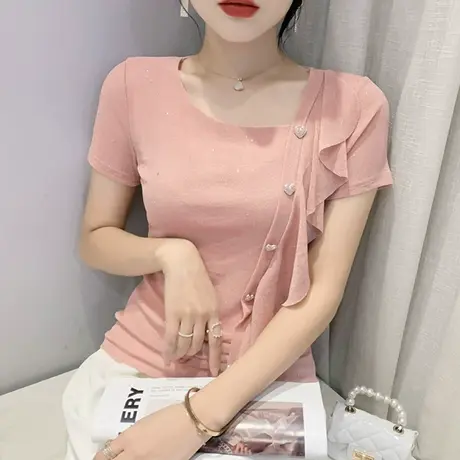 2024夏季新款性感网纱T恤女短袖气质荷叶边小衫紧身洋气半袖上衣商品大图