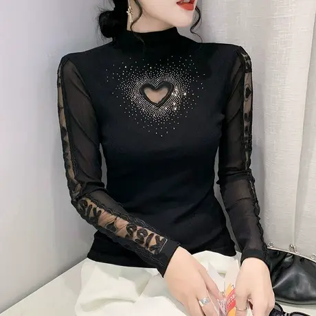 气质网纱长袖T恤女士欧货内搭半高领打底衫重工烫钻修身显瘦上衣图片