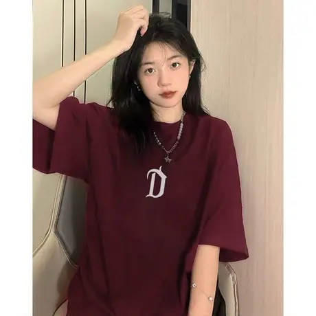 美式复古酒红色短袖t恤女夏季新款oversize宽松纯棉正肩情侣体恤图片