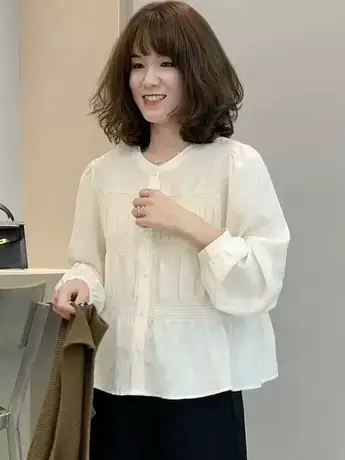 褶皱收腰长袖衬衫女2023秋新款设计感宽松显瘦衬衣小个子休闲小衫商品大图