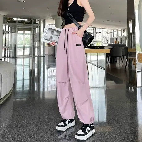 粉色美式工装裤女夏季薄款高腰显瘦宽松大码阔腿裤休闲束脚运动裤商品大图