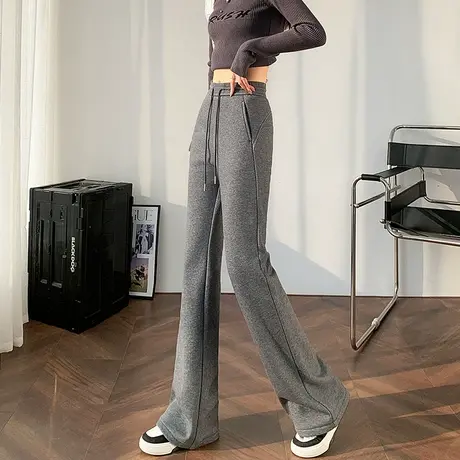 灰色喇叭裤女秋冬季2023新款高腰显瘦加绒加厚松紧腰直筒微喇裤子图片