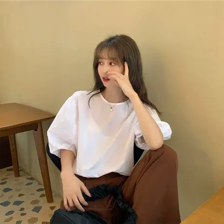 2024年早春夏季白色泡泡袖甜辣妹上衣女小众设计感宽松短袖t恤ins商品大图