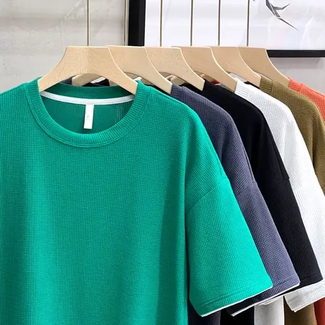 华夫格假两件t恤男宽松大码半袖夏季男装上衣服男士短袖2023新款商品大图