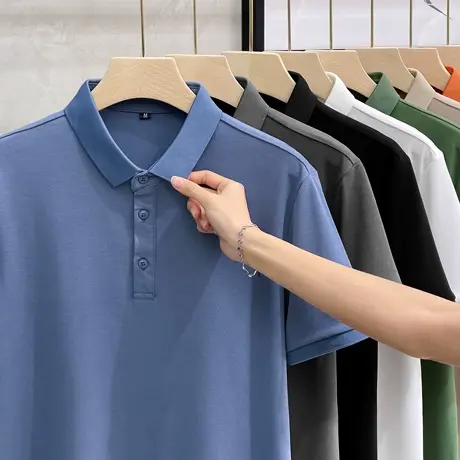 新款夏季高档商务休闲男士POLO衫含桑蚕丝冰丝莫代尔翻领短袖T恤商品大图
