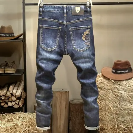 高端刺绣新款牛仔裤男欧洲站潮牌修身小脚裤时尚休闲个性男装裤子商品大图