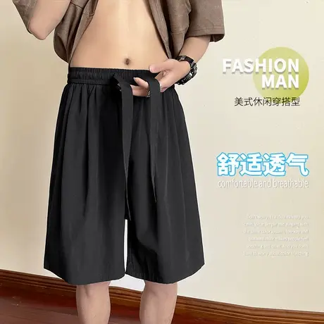 冰丝裤子男夏季五分裤短裤薄款宽松中裤美式简约休闲裤男士运动裤商品大图