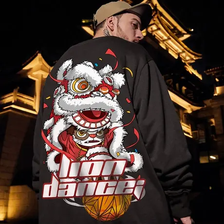 国潮中国风醒狮无帽卫衣男潮加肥加大加绒加厚情侣装圆领宽松秋冬图片