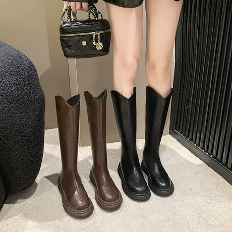 长筒靴女2023秋冬季新款超火英伦风气质瘦瘦靴厚底高筒v口骑士靴商品大图