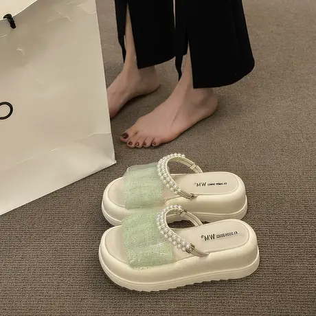 厚底凉拖鞋女夏季外穿仙女风水钻高跟时尚小个子增高两穿坡跟拖鞋商品大图