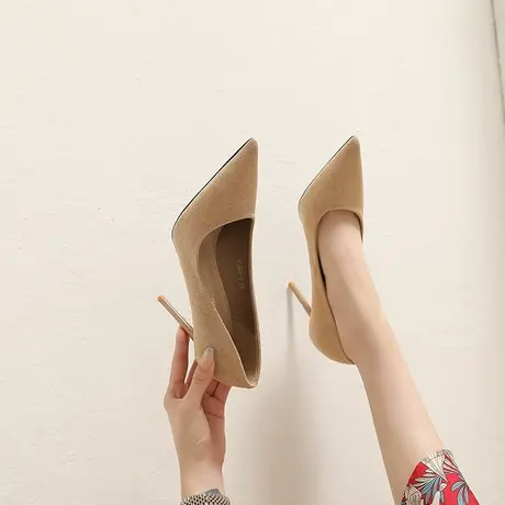 2024年春季新款设计感小众浅口高跟鞋女细跟气质百搭尖头绒面单鞋图片