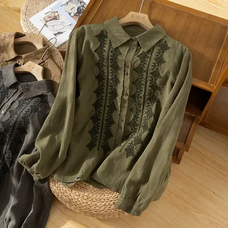 享永子【花海间】春秋厚麻 刺绣亚麻衬衫设计感精致麻上衣图片