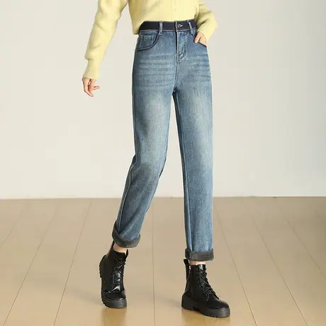 加绒牛仔裤女秋冬2023新款时尚高腰小个子显瘦休闲裤哈伦裤老爹裤图片