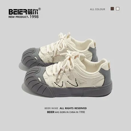 蓓尔2023年秋冬季新款女士时尚个性拼色休闲鞋圆头系带皮面鞋潮商品大图